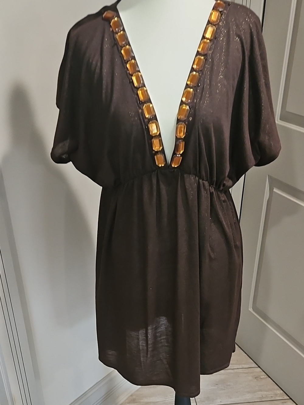 Brown Beaded Deep-V Women’s Swim Coverup
